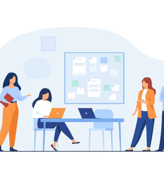 Colleagues working together on project flat vector illustration. Cartoon employees sharing ideas and skills for company success. Teamwork and brainstorm concept